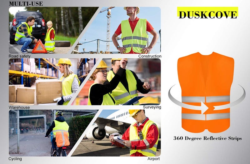 DUSKCOVE سترات أمان عالية الوضوح من DUSKCOVE عبوة 10 مع 2 شريط عاكس عالي الوضوح للرجال والنساء - سترات بناء برتقالية نيون لأعمال المرور، الجري، المسح، وحراس الأمن - Image 5